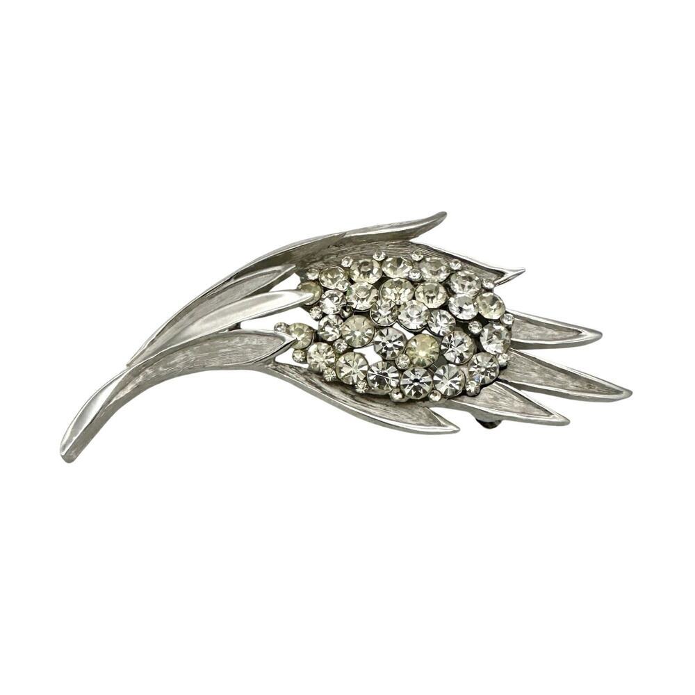 Vintage Crown Trifari Rhinestone Brooch Pin Signed Floral Silver Tone